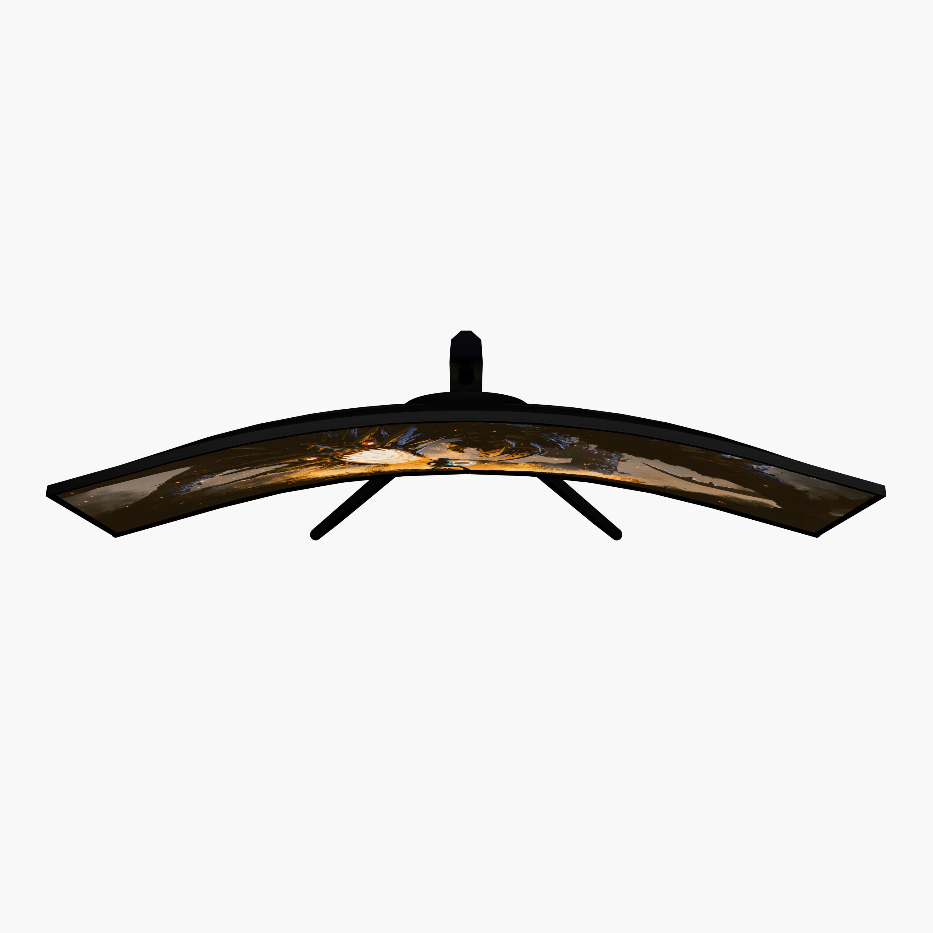 An overhead view shows the Arozzi Nova 49″ Curved VA 165Hz Ultrawide Gaming Monitor, featuring a curved widescreen design and adaptive sync technology, displaying a scenic image on the screen. The monitor is mounted on a three-legged stand and set against a plain white background.