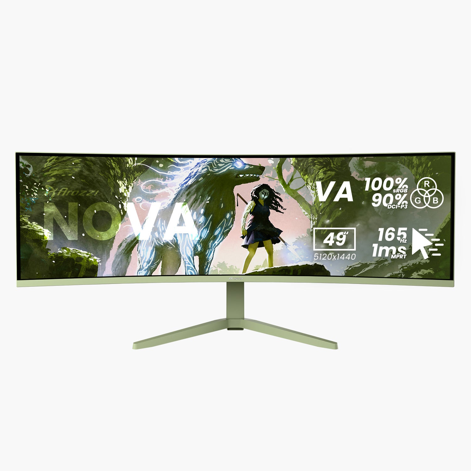 Arozzi Nova 49″ Curved VA Ultrawide Gaming Monitor showcases vibrant fantasy artwork across its ultra-wide 49-inch display, with on-screen text highlighting key specs: VA panel, 100% sRGB color gamut, crisp 5120x1440 resolution, lightning-fast 1ms response time, and an impressive 165Hz refresh rate. Feature icons emphasize advanced adaptive sync technology for seamless gameplay, high refresh rates for smooth motion, and extensive color coverage for immersive visuals.