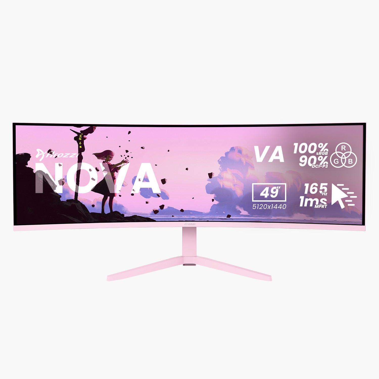 The Arozzi Nova 49″ Curved VA Ultrawide Gaming Monitor is shown displaying a stylized landscape, with on-screen text highlighting its specs: VA panel, covers 100% sRGB and 90% DCI-P3 color gamuts, adaptive sync technology, ultra-wide 5120x1440 resolution, fast 165Hz refresh rate, and rapid 1ms response time.