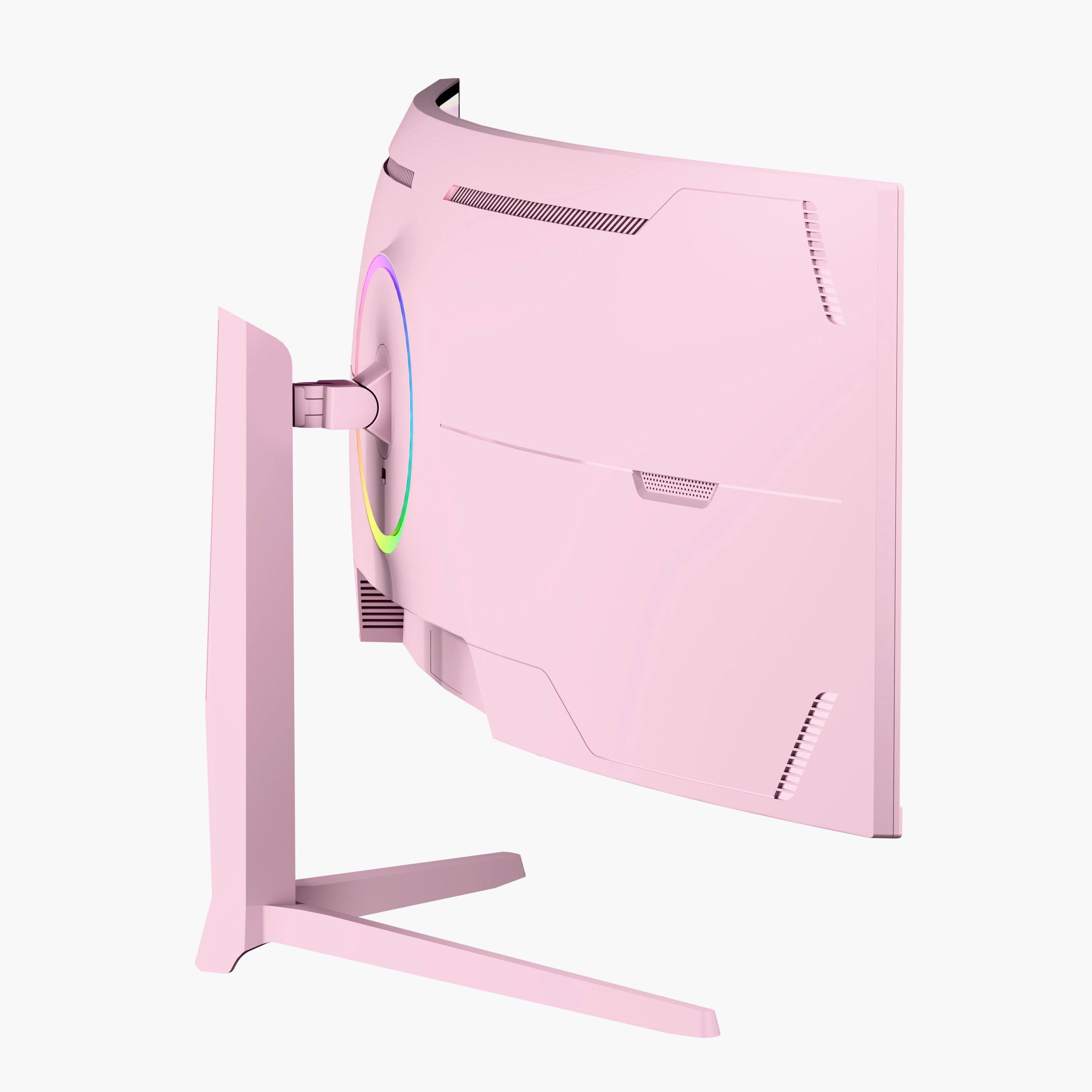 The Arozzi Nova 49″ Curved VA 165Hz Ultrawide Gaming Monitor in pink is shown from the back, highlighting its circular RGB lighting and robust stand. Designed for smooth performance, it features adaptive sync technology, set against a clean white background.