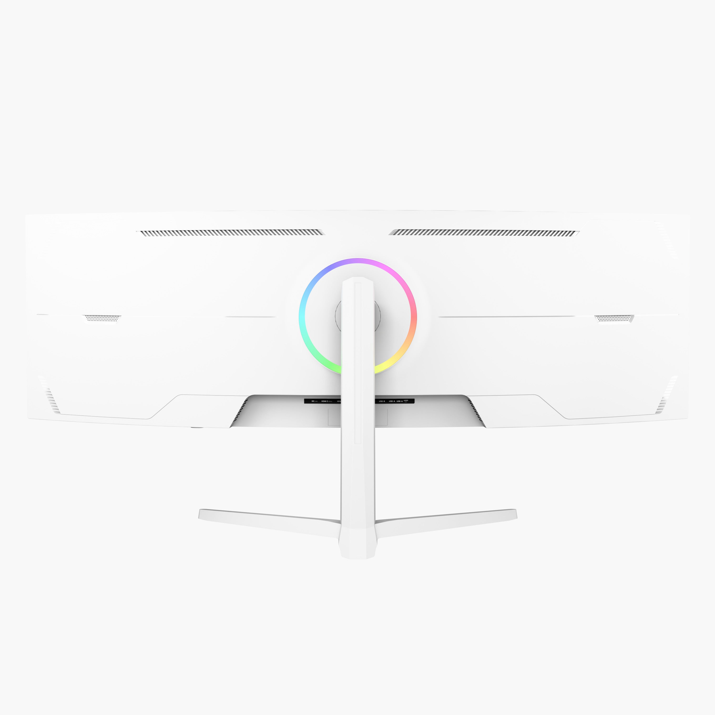 The Arozzi Nova 49″ Curved VA Ultrawide Gaming Monitor is shown from the back in crisp white, highlighted by a circular RGB LED light encircling the stand mount and a sleek, modern profile. This impressive display features an ultra-smooth 165Hz refresh rate and adaptive sync technology—ideal for gamers seeking immersive visuals and flawless gameplay.