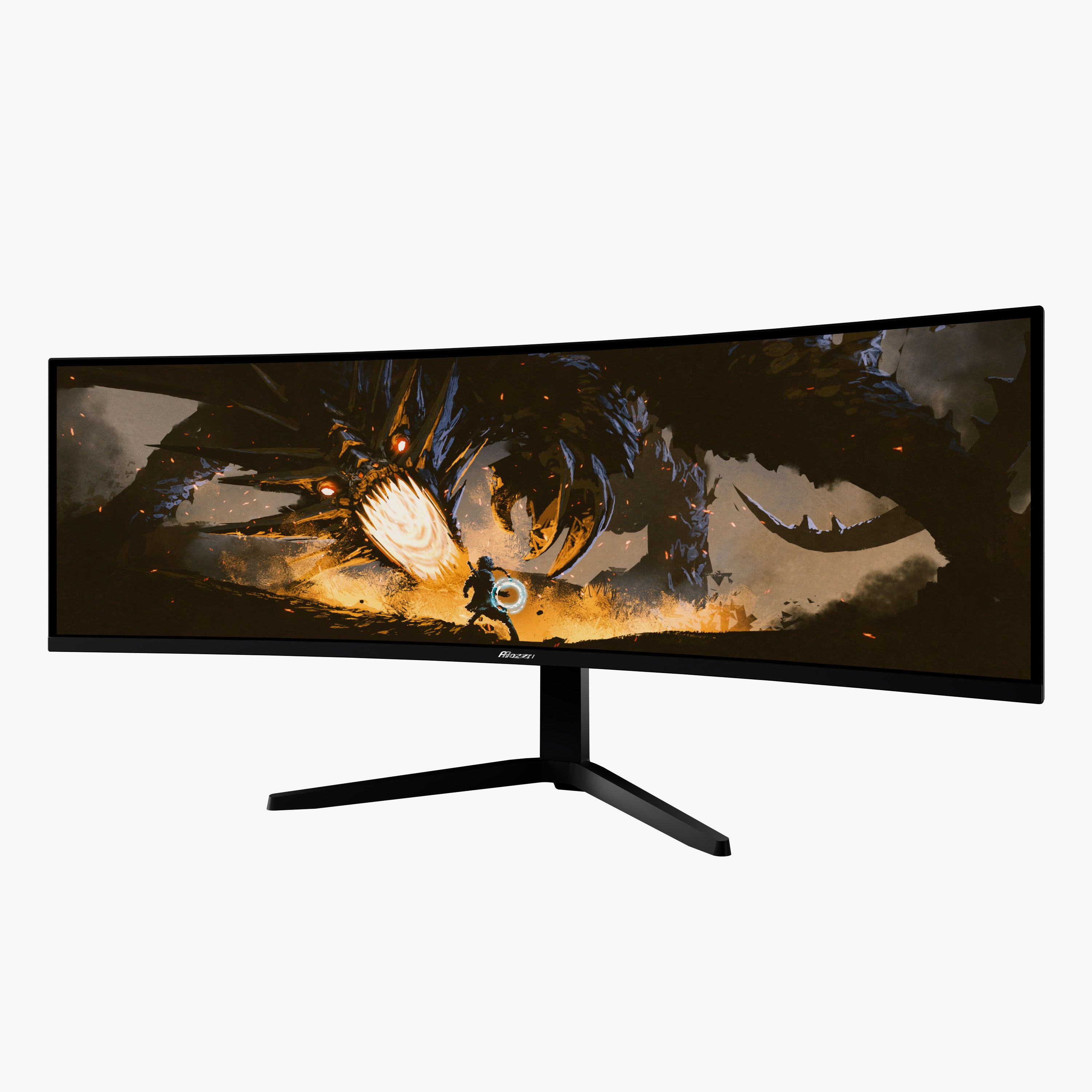 The Arozzi Nova 49″ Curved VA 165Hz Ultrawide Gaming Monitor showcases a fantasy scene with a lone figure confronting a massive, dark creature with glowing eyes and wings amid a fiery, dramatic backdrop. Thanks to adaptive sync technology and its rapid 165Hz refresh rate, every detail of this epic encounter is displayed smoothly and vividly, delivering an immersive gaming experience.
