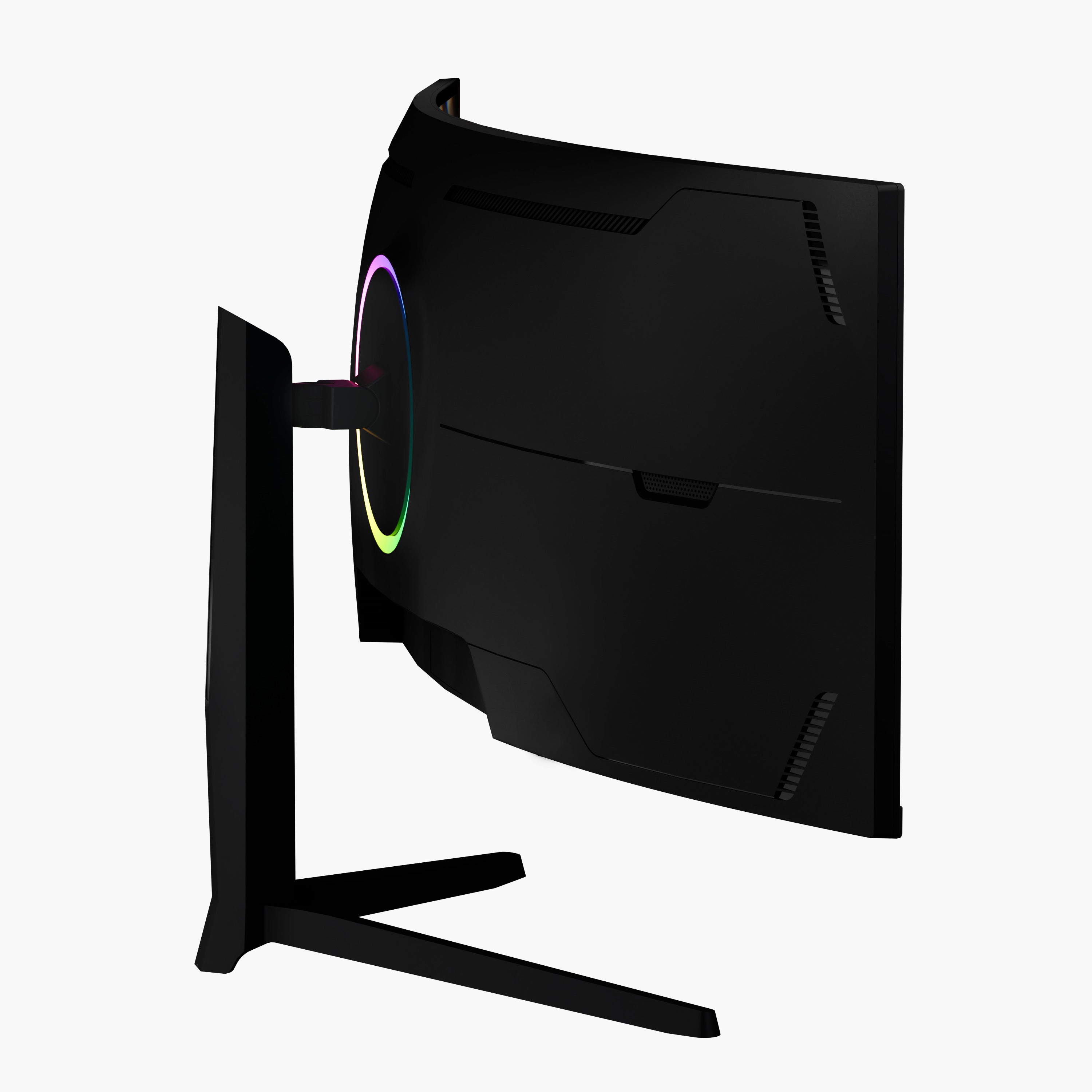 Arozzi’s Nova 49″ Curved VA 165Hz Ultrawide Gaming Monitor is displayed from a rear side angle, revealing its black curved design and a circular RGB light on the back. The monitor is mounted on a sturdy stand and features adaptive sync technology for smoother visuals, all set against a plain white background.