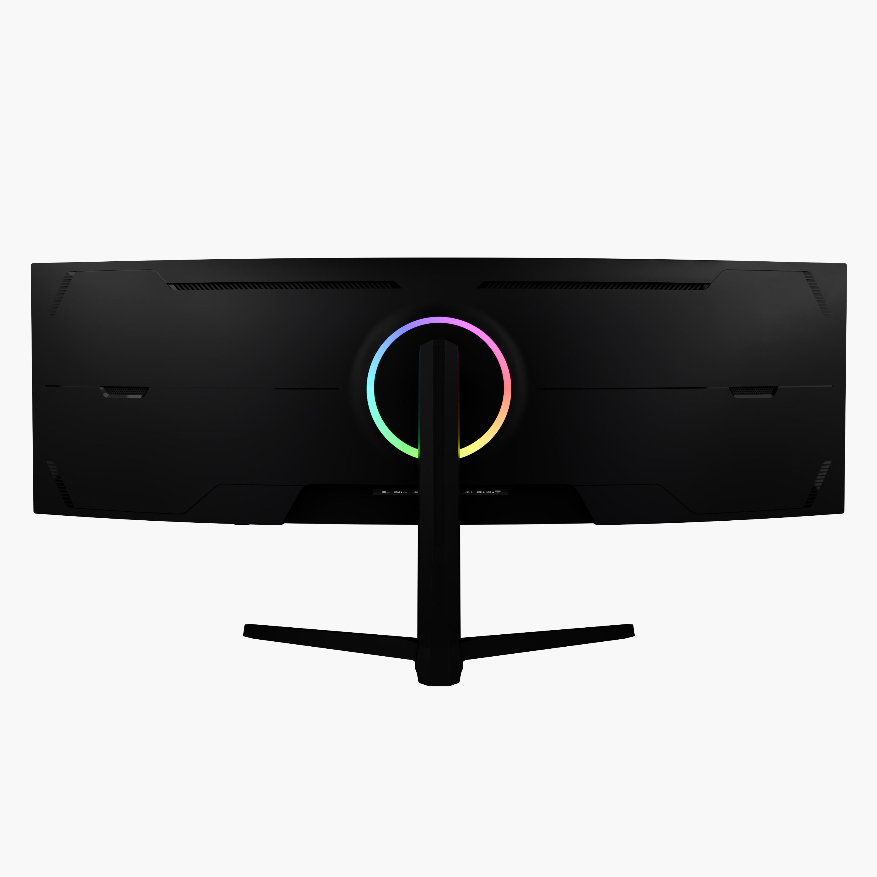 Arozzi’s Nova 49″ Curved VA 165Hz Ultrawide Gaming Monitor is shown from the back, displaying its signature central circular RGB light and sturdy black stand against a plain white background. This curved display delivers smooth, immersive gameplay with a 165Hz refresh rate and adaptive sync technology.