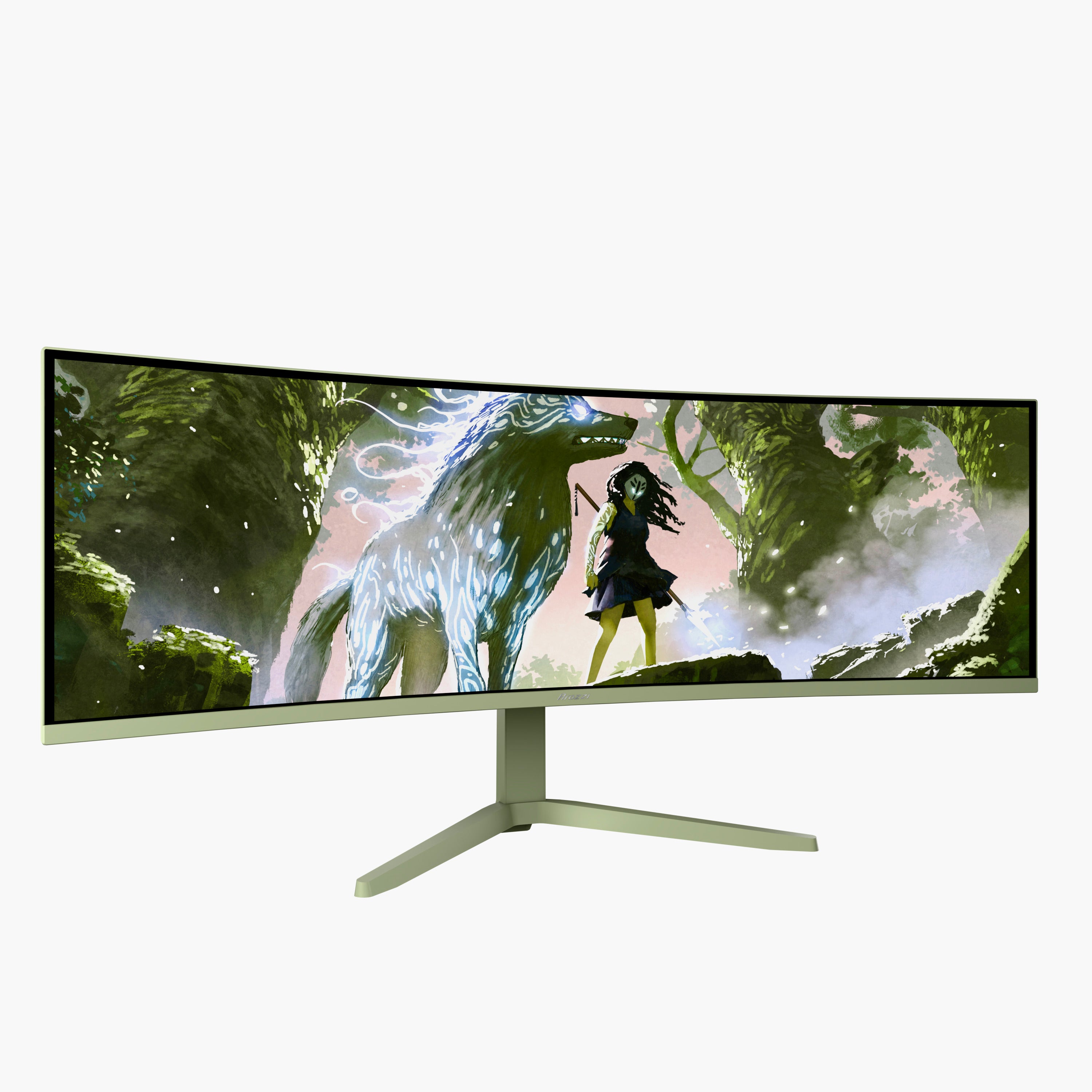 The Arozzi Nova 49″ Curved VA 165Hz Ultrawide Gaming Monitor showcases vivid fantasy art of a girl wielding a sword alongside a glowing, mystical wolf in a lush green forest. Thanks to its ultra-smooth 165Hz refresh rate and adaptive sync technology, every vibrant detail is rendered with exceptional clarity and fluid motion.