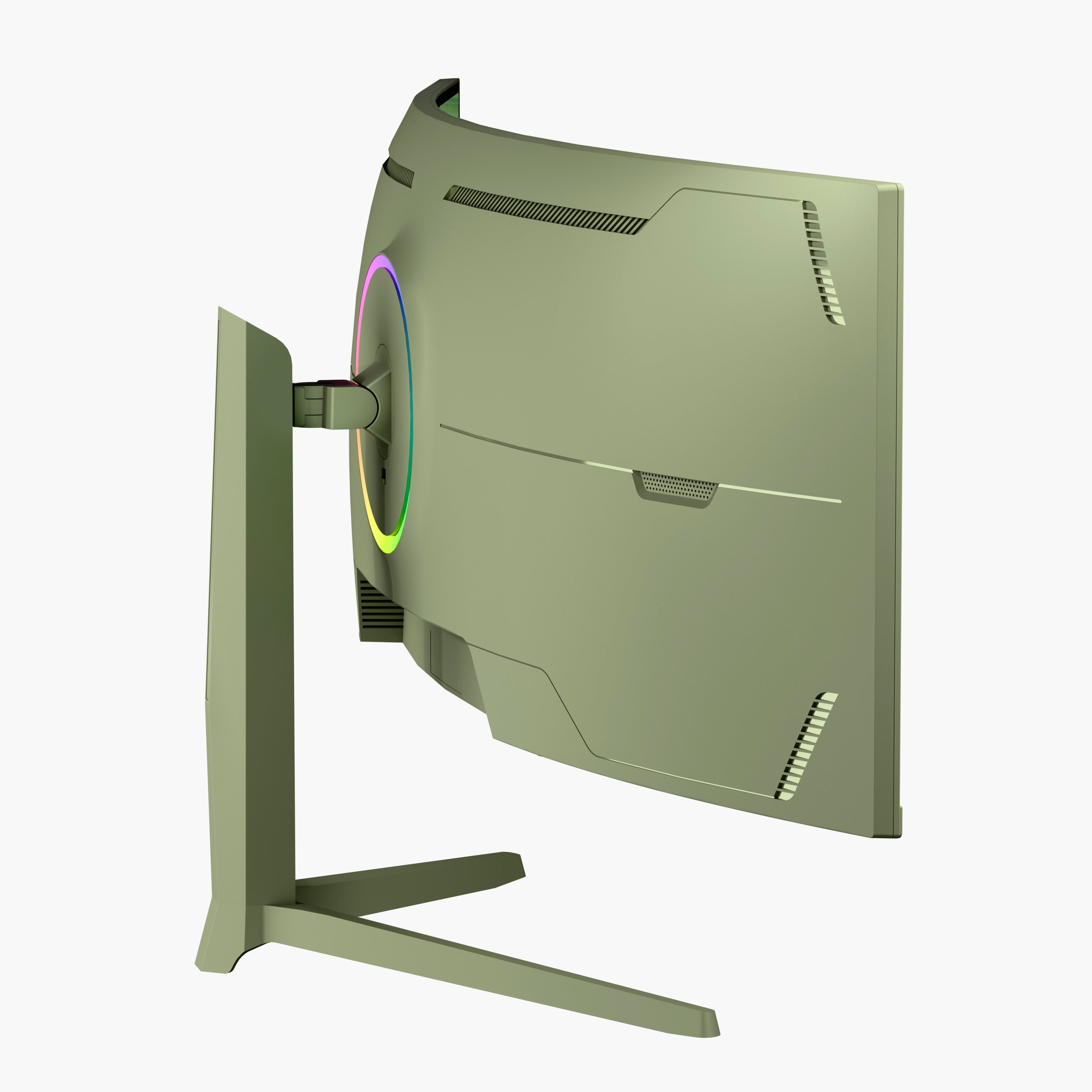 The Arozzi Nova 49” Curved VA 165Hz Ultrawide Gaming Monitor is shown from the back left side, showcasing its matte gray finish, sturdy stand, and a circular RGB light encircling the mounting point. Designed for immersive experiences, it delivers a fluid 165Hz refresh rate and adaptive sync technology for seamless gameplay.