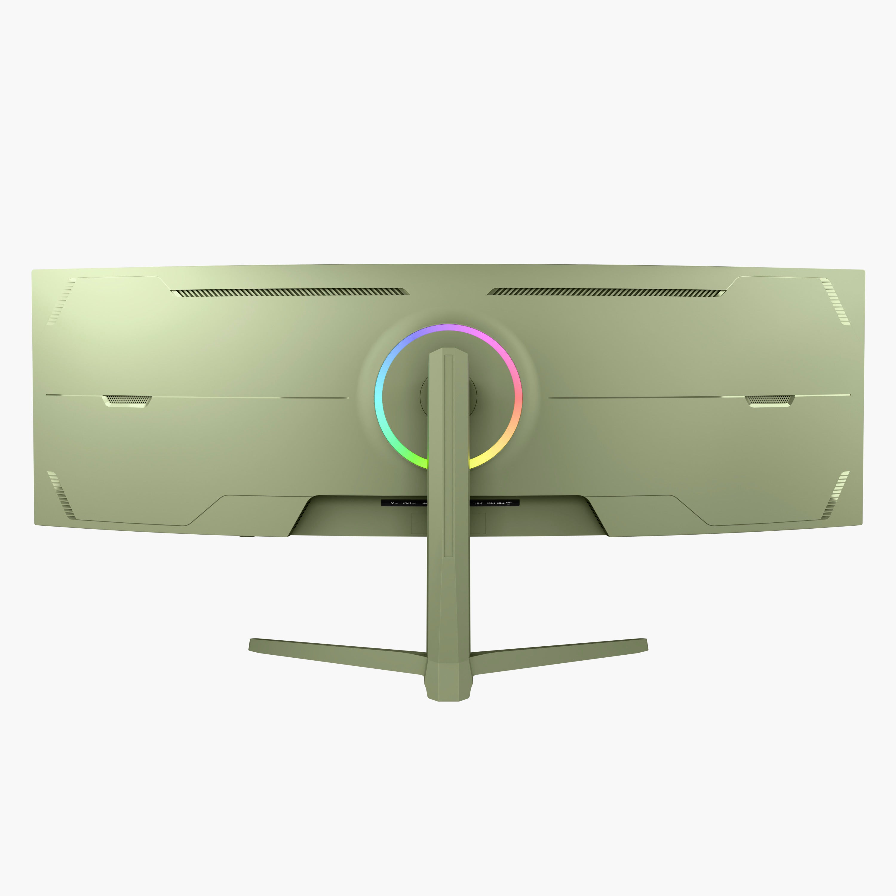 Seen from the back, the Arozzi Nova 49″ Curved VA 165Hz Ultrawide Gaming Monitor showcases a wide, curved design in a modern light green finish, complete with an angular aesthetic and circular RGB lighting around the stand attachment. Enjoy immersive gaming with its smooth 165Hz refresh rate and adaptive sync technology.