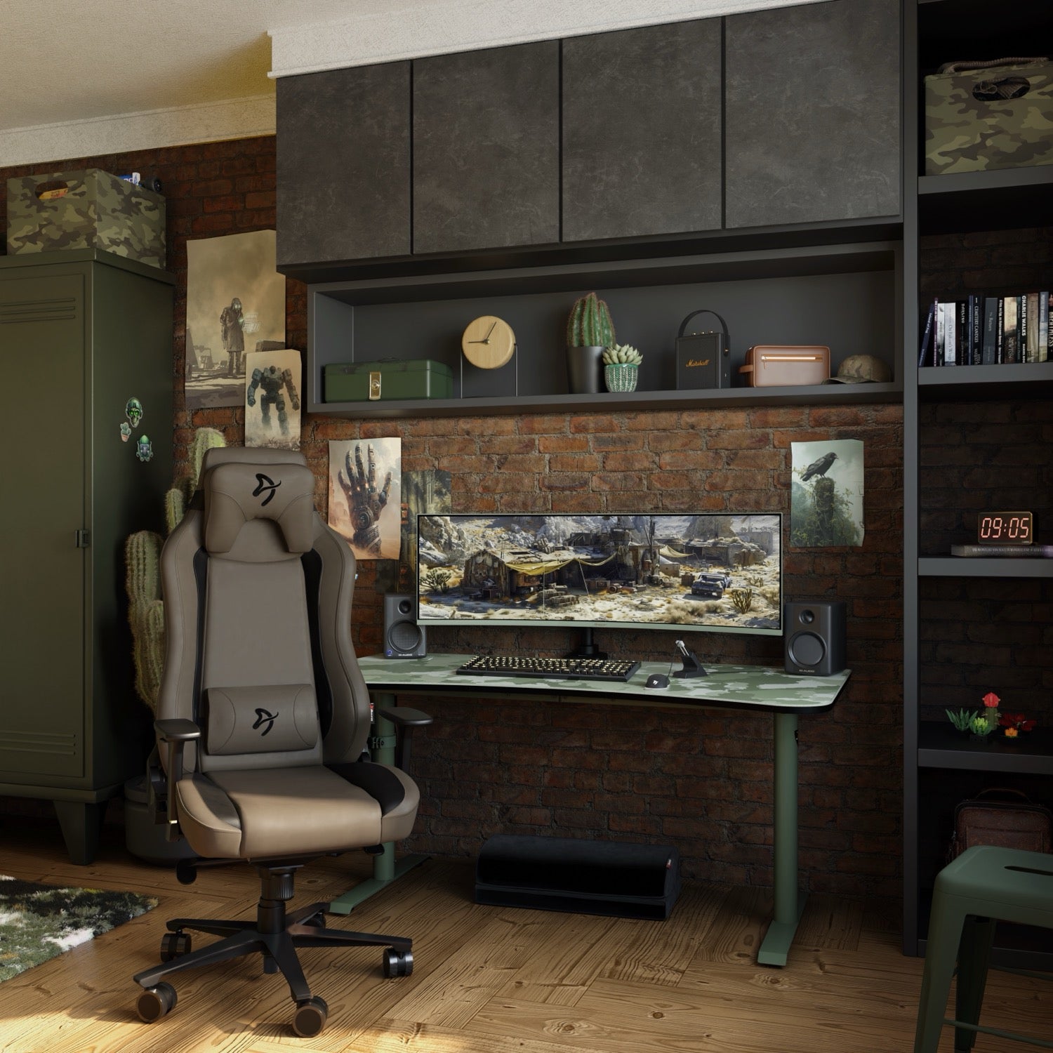 In a room with brick walls, a modern gaming setup showcases the Arozzi Nova 49″ Curved VA Ultrawide Gaming Monitor with a 165Hz refresh rate and adaptive sync technology, complemented by sleek speakers, a stylish gaming chair, shelves adorned with decor and plants, and a digital clock on the shelf displaying 09:05.