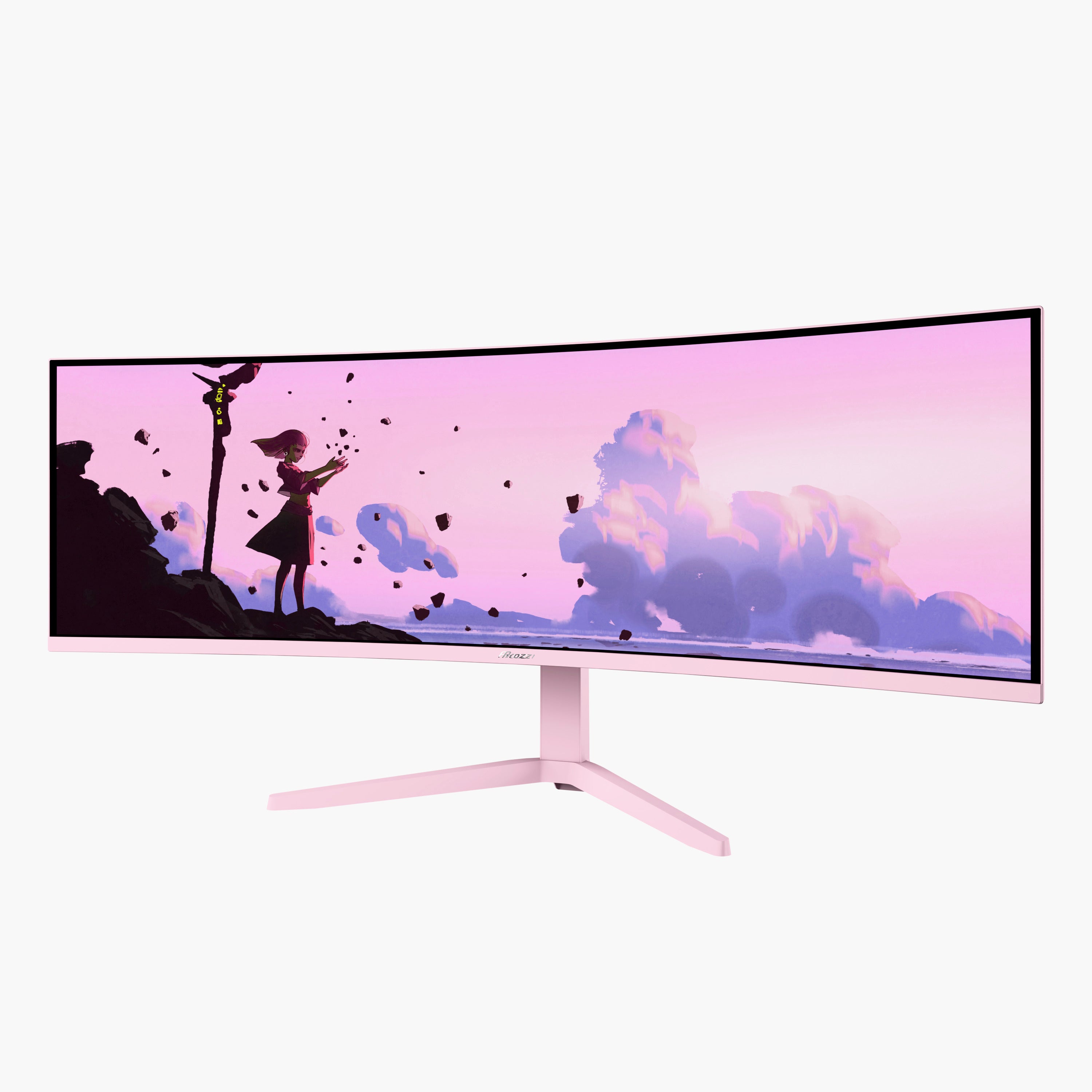 The Arozzi Nova 49“ Curved VA 165Hz Ultrawide Gaming Monitor showcases animated art of a girl amidst floating debris under a pink and purple sky, featuring adaptive sync technology and a sleek, modern white stand.