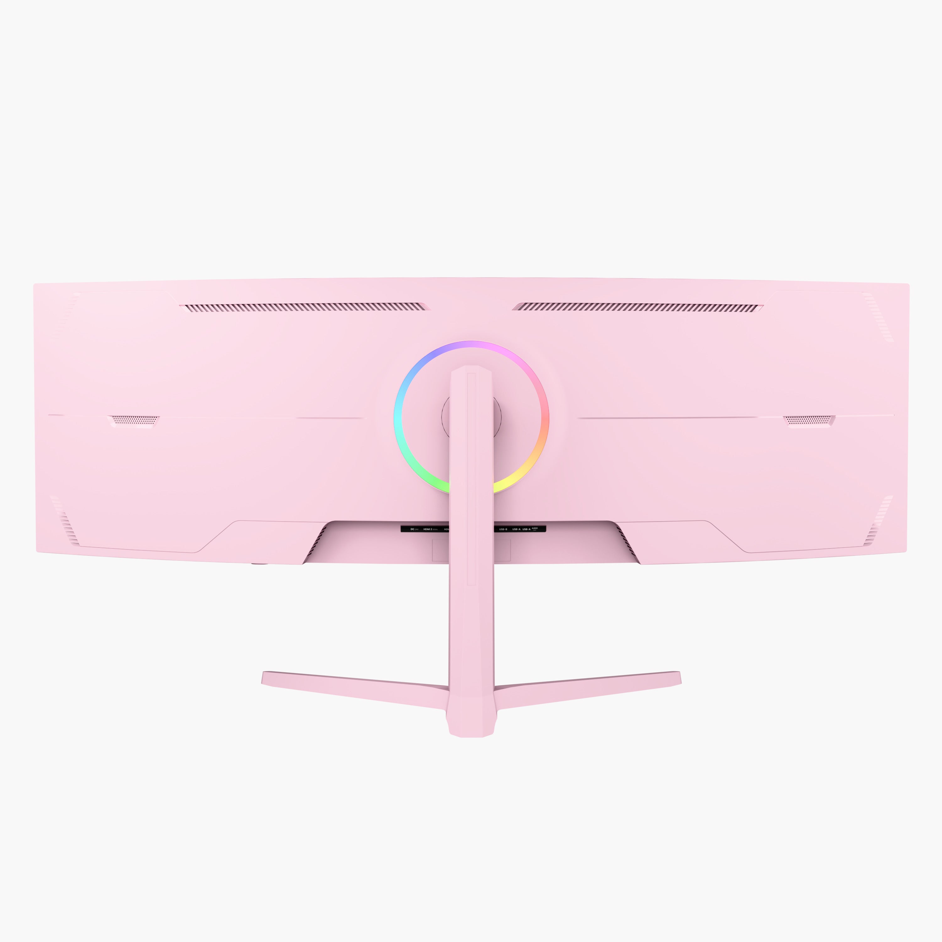 The Arozzi Nova 49″ Curved VA Ultrawide Gaming Monitor, viewed from the back in pink, features a striking circular LED light with a rainbow effect around the stand attachment. This 49-inch display is engineered for immersive gameplay with adaptive sync technology and an ultra-fast 165Hz refresh rate to deliver smooth visuals and competitive performance.