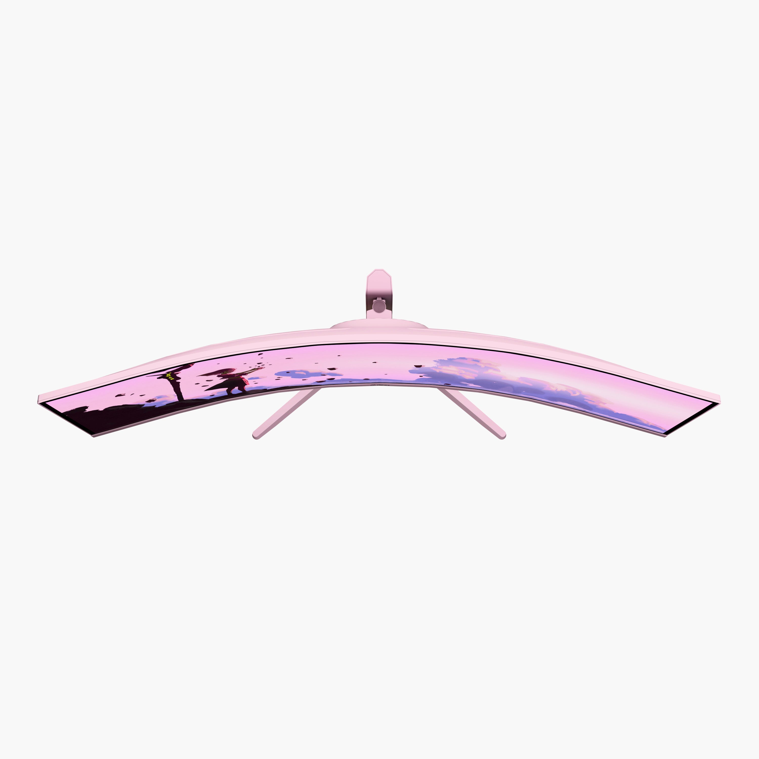 Experience the Arozzi Nova 49“ Curved VA Ultrawide Gaming Monitor, showcased from above in a stylish pink finish. The expansive screen displays a scenic image with clouds and a streetlight set against a soft gradient sky. With its immersive curvature, 165Hz refresh rate, and adaptive sync technology, this monitor delivers ultra-smooth visuals for an exceptional gaming or viewing experience.