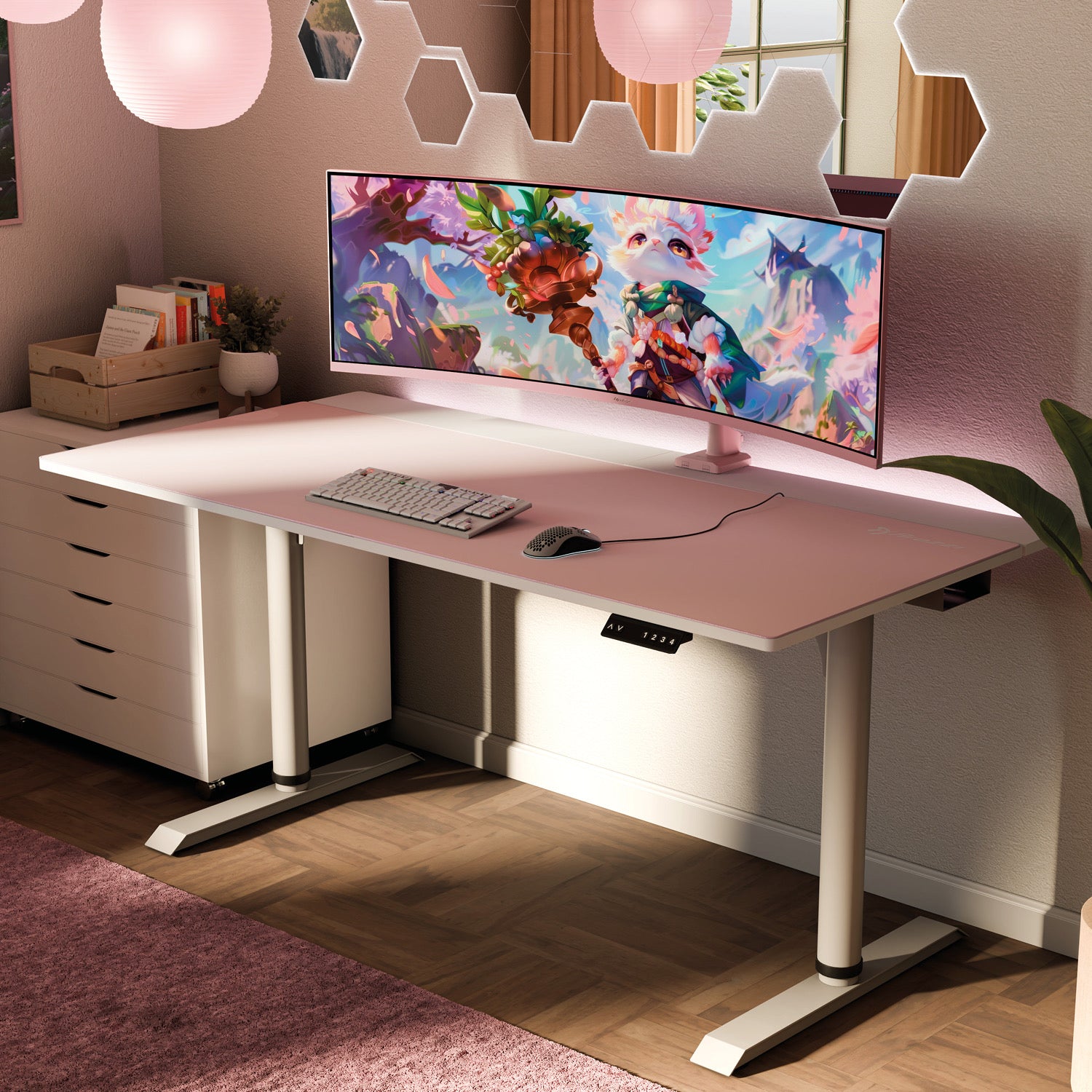 A modern desk setup features the Arozzi Nova 49″ Curved VA 165Hz Ultrawide Gaming Monitor, delivering vibrant visuals and smooth performance with adaptive sync technology. Colorful art is displayed on its expansive screen above a keyboard and mouse set atop a sleek white desk, while decorative lights and hexagonal wall panels add a cozy, stylish touch to this exceptional workspace.
