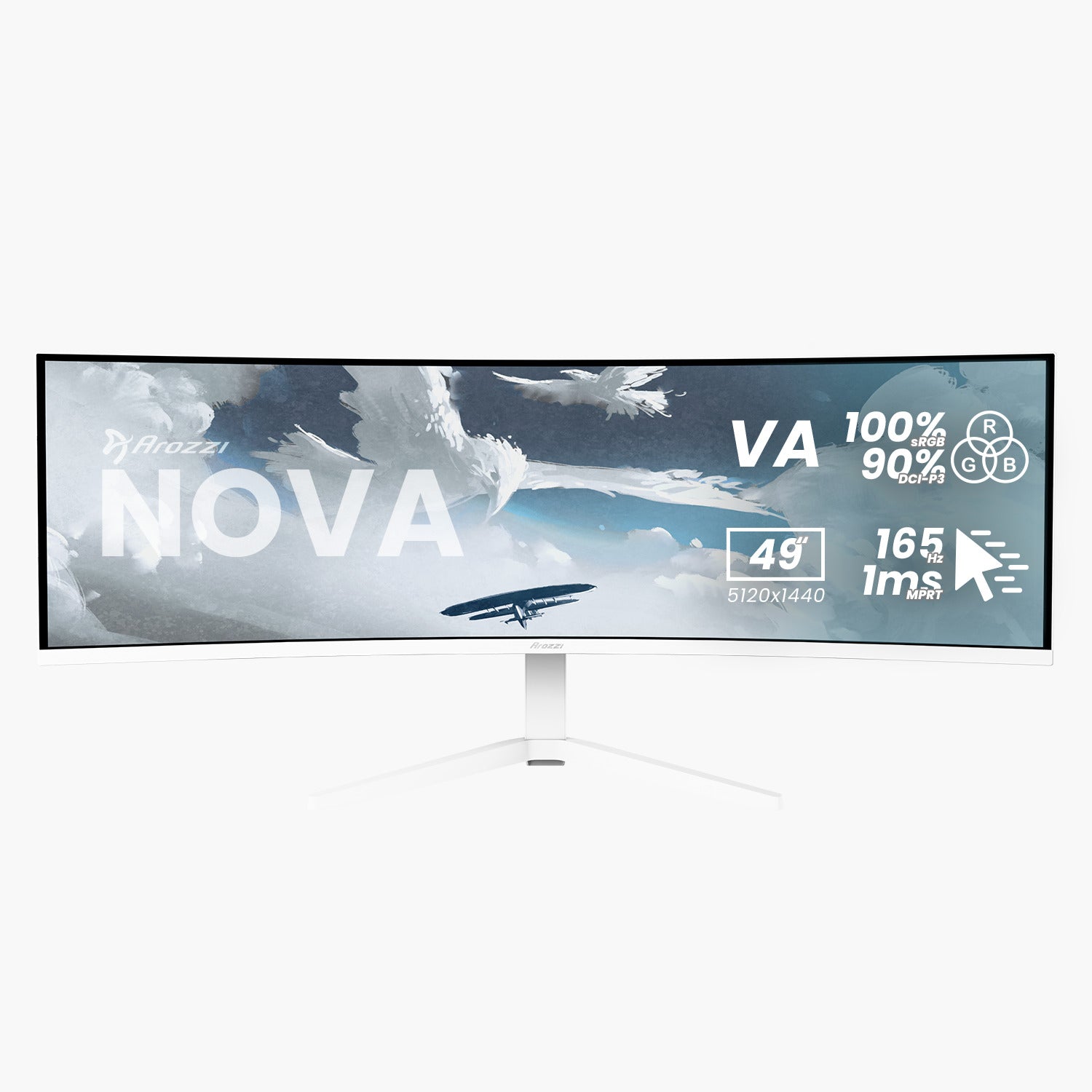 The Arozzi Nova 49″ Curved VA Ultrawide Gaming Monitor delivers an impressive 5120x1440 resolution on its expansive display, featuring a lightning-fast 1ms response time and a smooth 165Hz refresh rate with adaptive sync technology for fluid, tear-free gaming visuals. Shown on a white stand against a white background, this monitor achieves 100% sRGB coverage for vibrant and precise color accuracy.