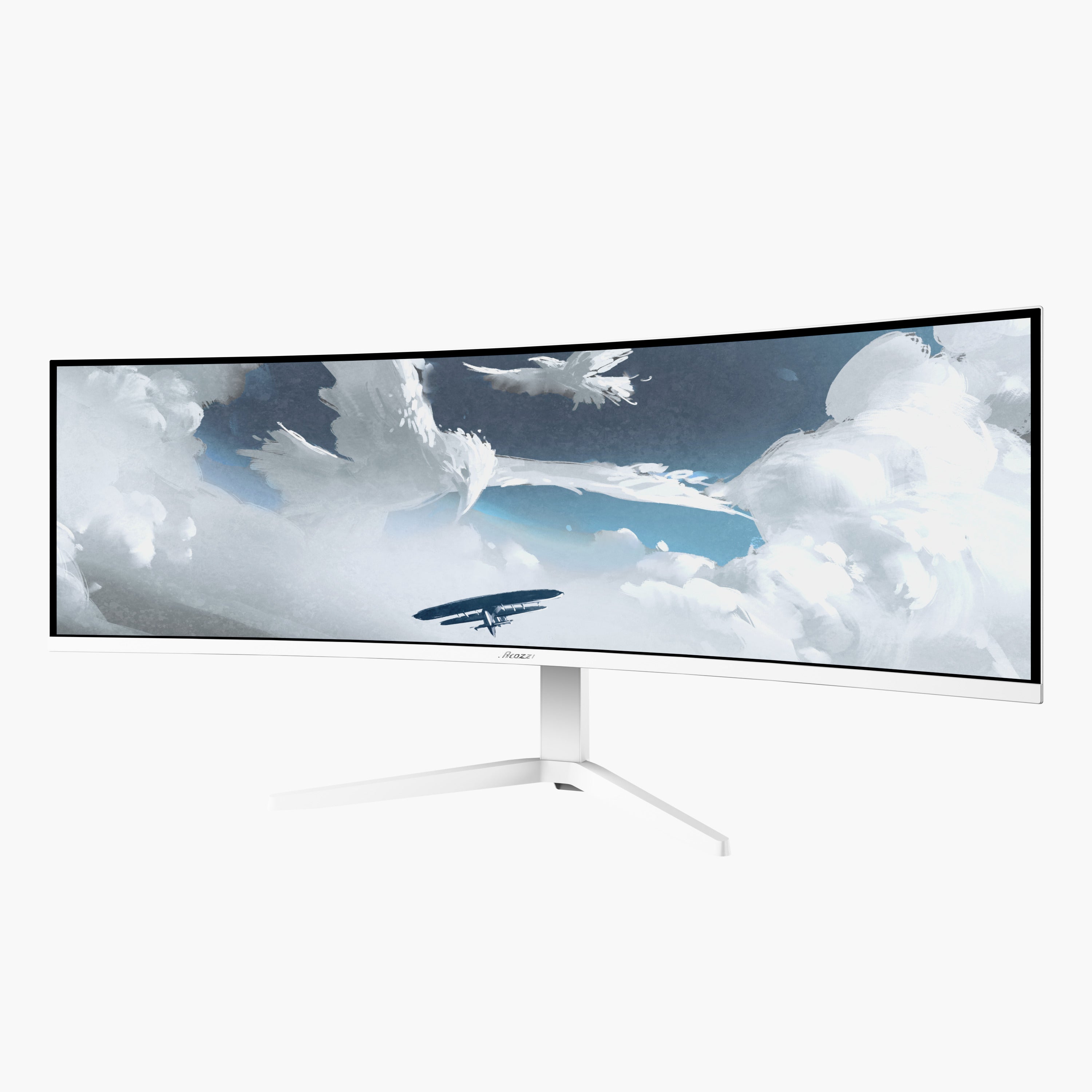 A white, curved Arozzi Nova 49“ Ultrawide Gaming Monitor showcases digital art of a biplane soaring through dramatic clouds and birds in a blue sky. The monitor, featuring adaptive sync technology and a silky-smooth 165Hz refresh rate, rests on its sleek white stand.