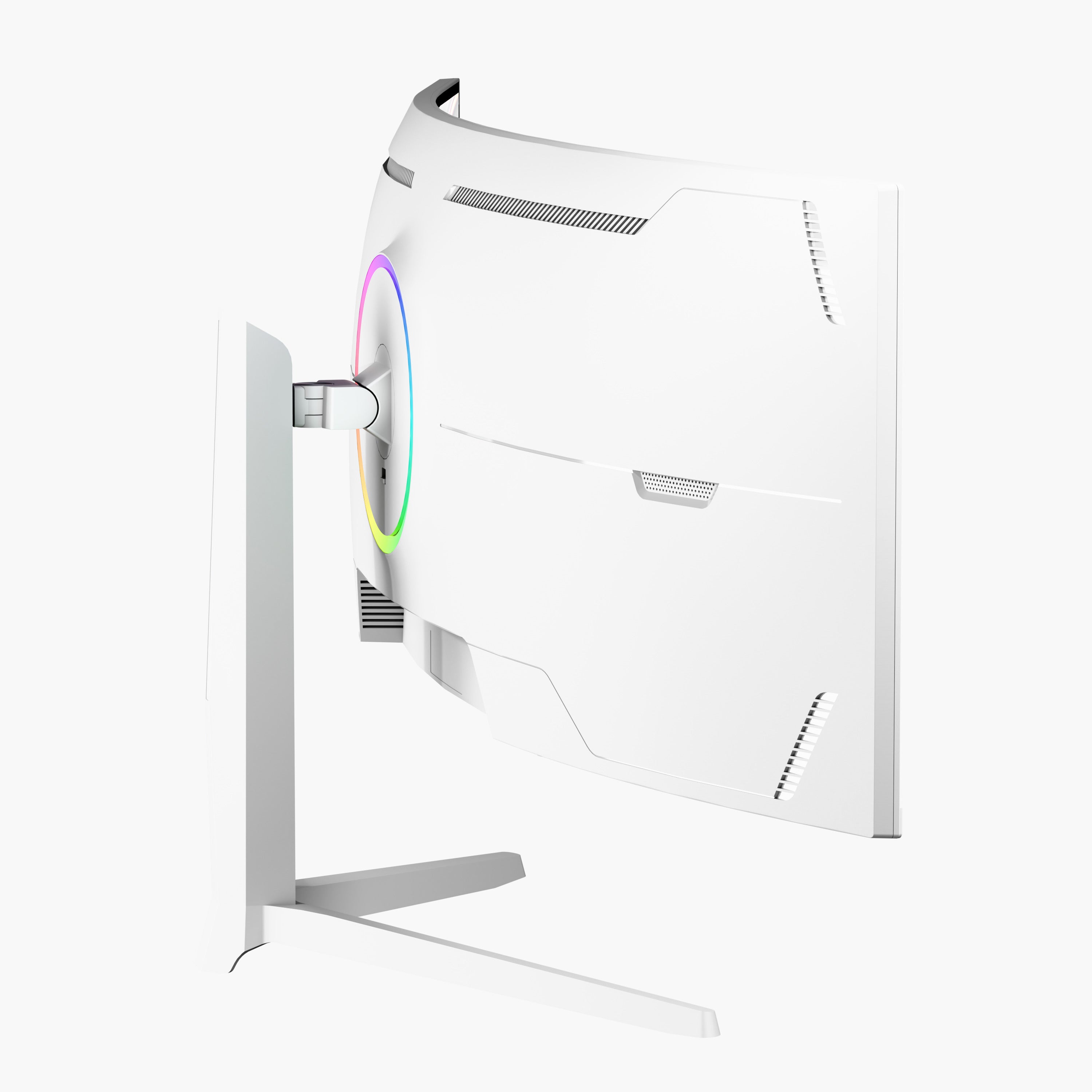 The Arozzi Nova 49″ Curved VA Ultrawide Gaming Monitor is shown from the back and side, highlighting its white finish, circular LED light on the rear panel, and a sturdy minimalist stand. Designed for an immersive experience, this monitor features adaptive sync technology and delivers ultra-smooth gameplay with a 165Hz refresh rate.