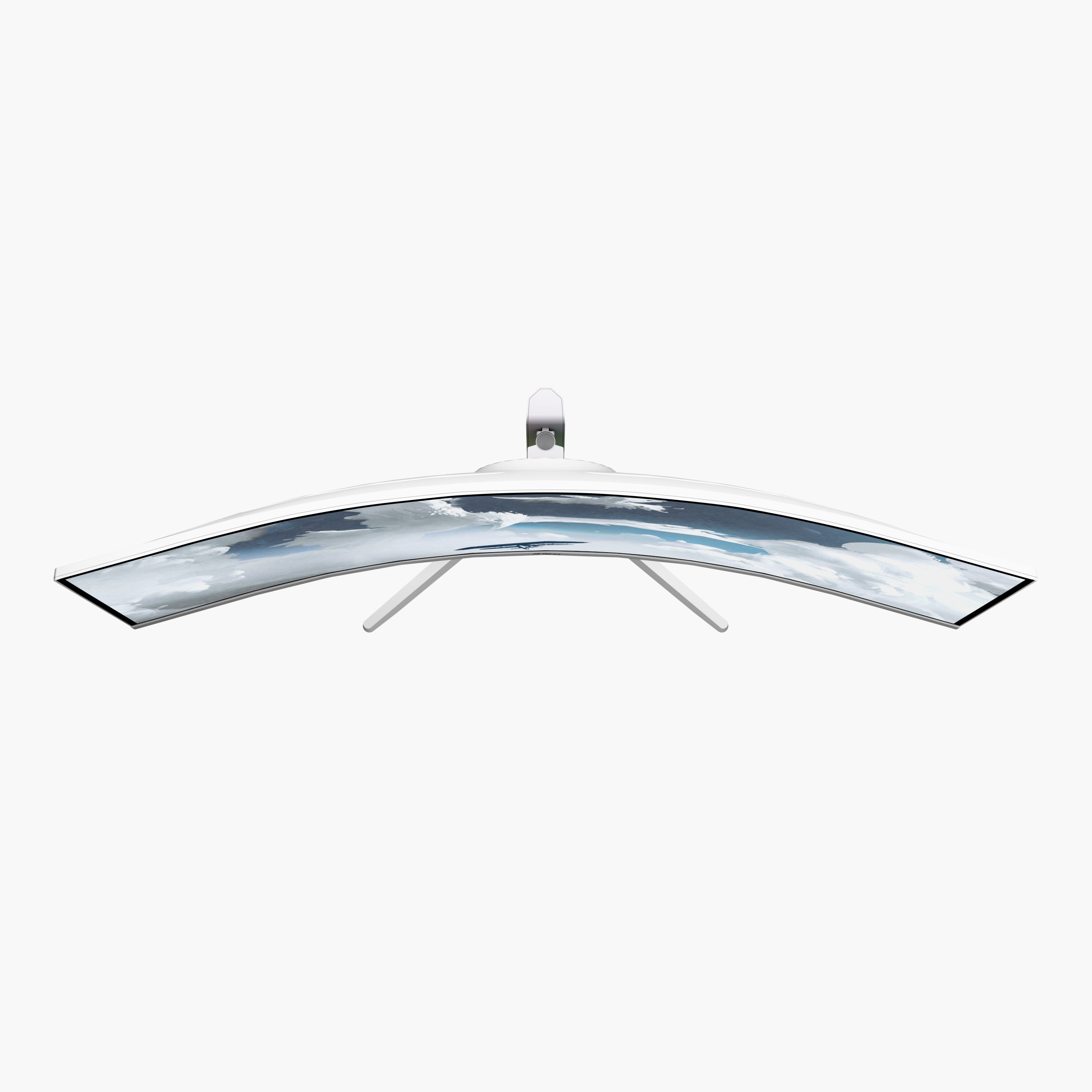 Top view of the Arozzi Nova 49” Curved VA Ultrawide Gaming Monitor, featuring a slim white frame and a sleek, modern stand. The expansive display showcases vibrant sky and clouds imagery, while adaptive sync technology and a fast 165Hz refresh rate deliver ultra-smooth, immersive visuals for gaming.