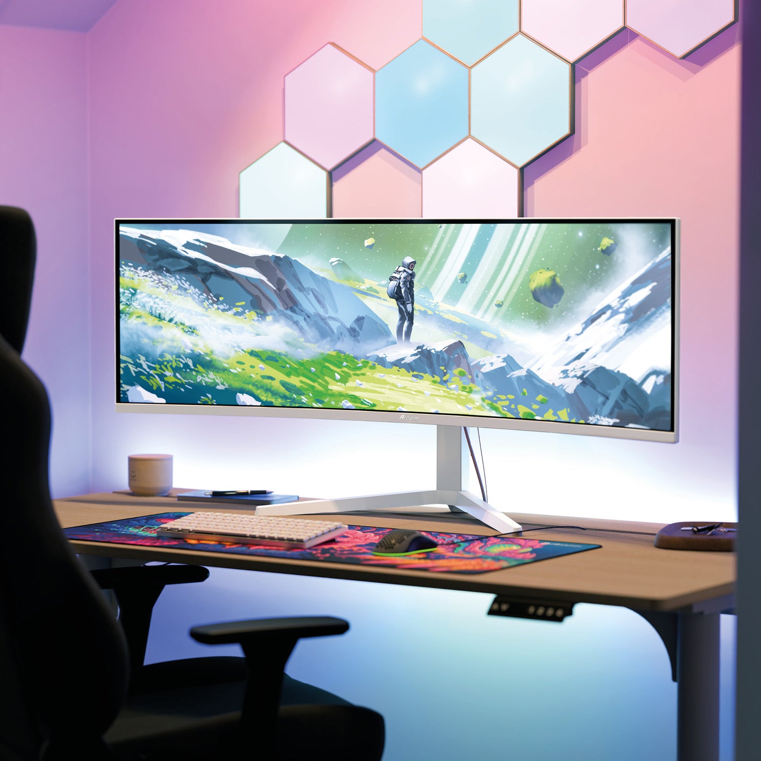 Here’s your rewritten sentence using the provided product data: A modern desk setup showcases the Arozzi Nova 49″ Curved VA 165Hz Ultrawide Gaming Monitor, with adaptive sync technology and a vibrant sci-fi artwork spanning its expansive curved screen. The scene is enhanced by RGB lighting, a colorful mouse pad, and hexagon wall panels, all styled within a pastel-colored room.