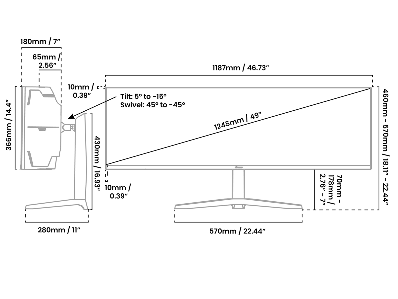 Technical diagram of a 49-inch computer monitor with detailed measurements in mm and inches, showing height, width, depth, tilt, and swivel angles, as well as stand dimensions and adjustment ranges.