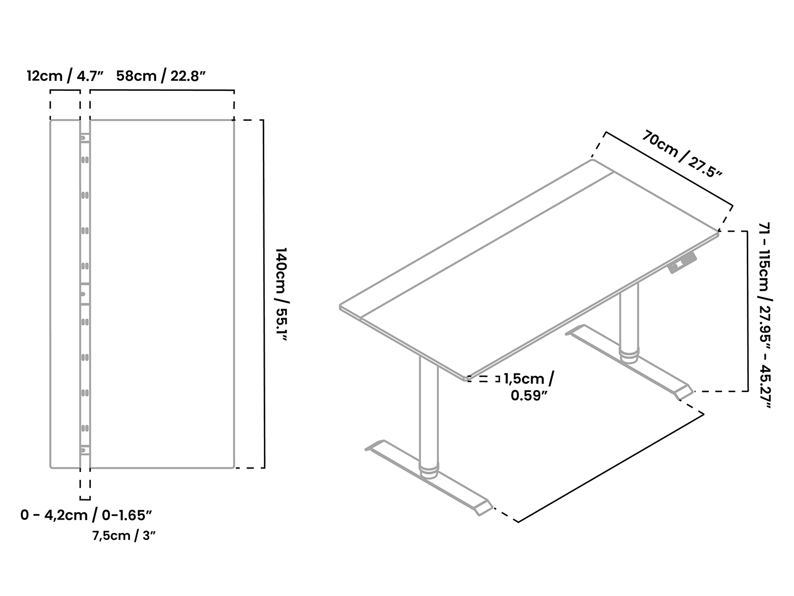 Measurement chart of a desk with dimensions labeled