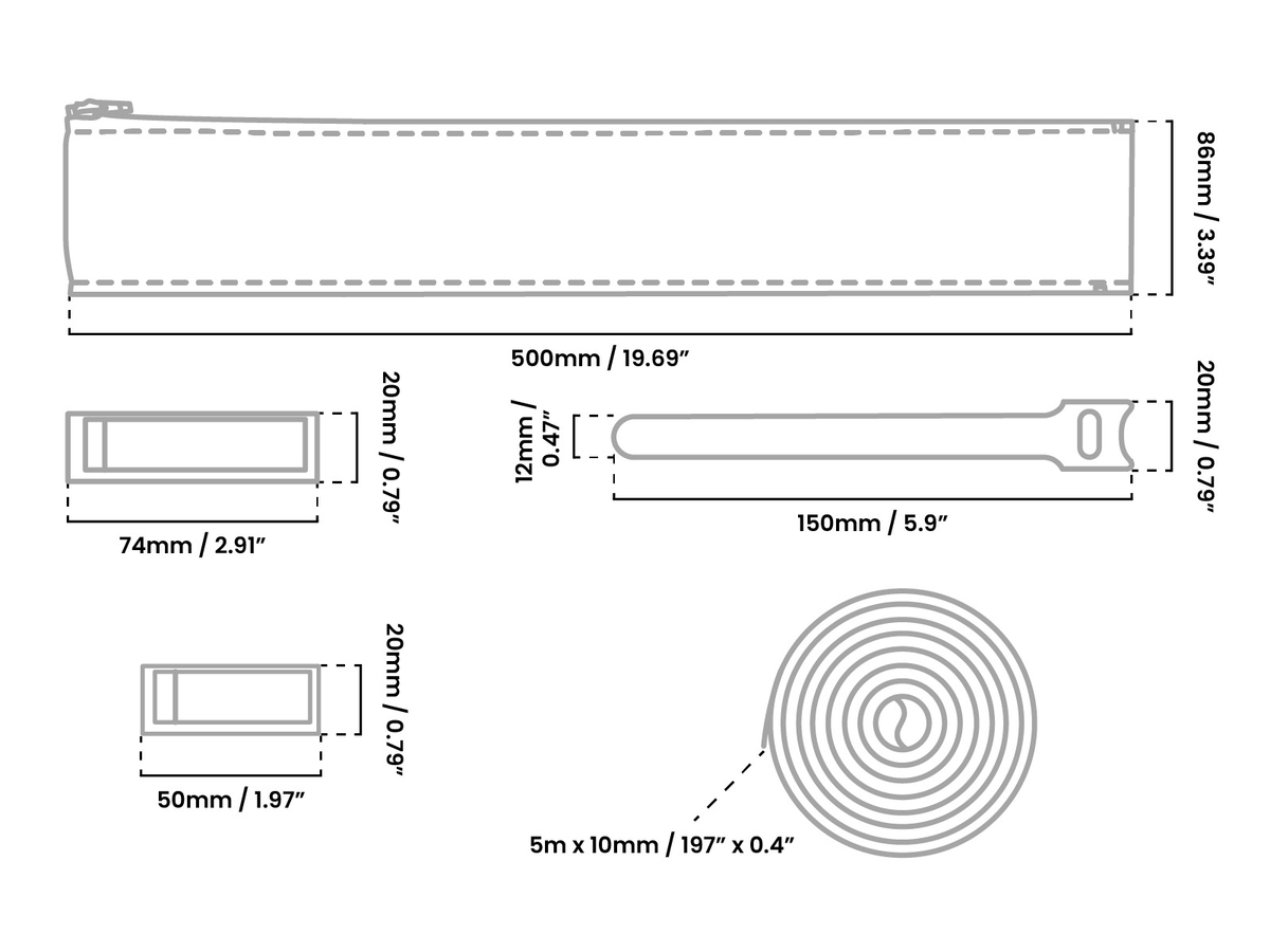 Diagram showing dimensions of various pencil case items: a long case, ruler, whiteboard eraser, marker, and a rolled measuring tape. Measurements are provided in both millimeters and inches for each item.